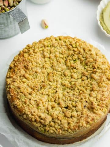 pistachio crumble cake before adding icing or frosting.