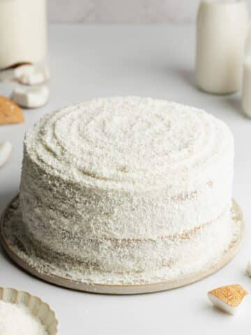coconut cake on a ceramic plate coated in desiccated coconut.