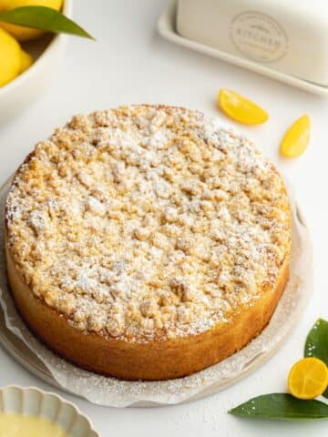 lemon crumb cake with a thin dusting of icing sugar.