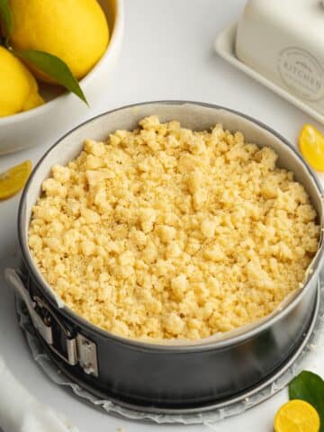 lemon crumb cake with a layer of lemon crumble topping before baking.