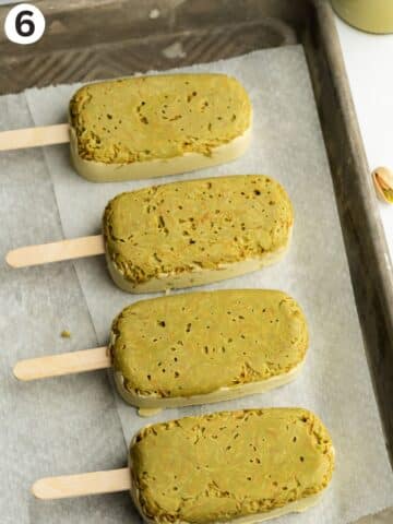 pistachio dubai chocolate ice cream bars before coating in chocolate.