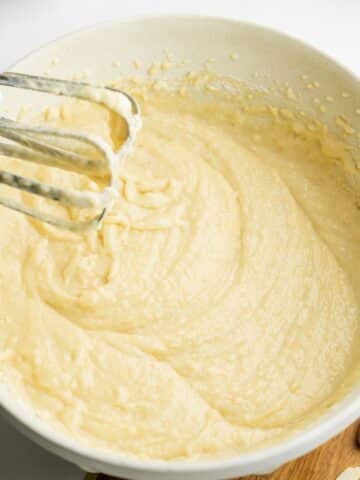almond cake batter whisked until smooth with a hand mixer.