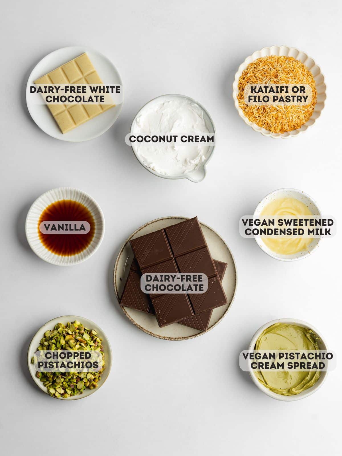 ingredients for pistachio ice cream bars measured out in bowls.