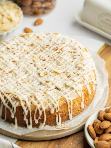 almond cake tipped with sliced almonds and drizzled with almond glaze.