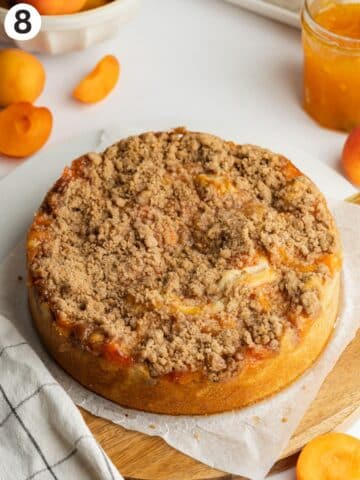 freshly baked apricot cake with crumble topping.