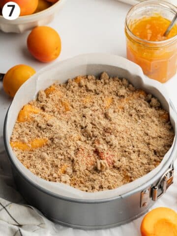 apricot crumb cake in a lined cake pan before baking.