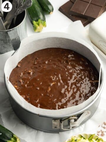 chocolate zucchini cake in a lined springform pan before baking.