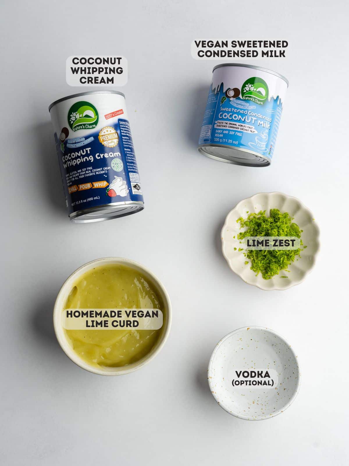 ingredients for vegan lime ice cream measured out in bowls.