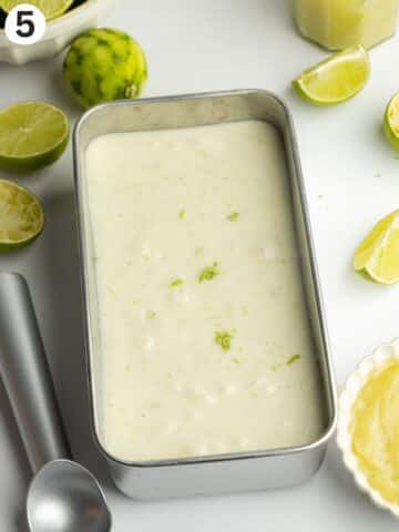 lime ice cream in a loaf pan before going into the freezer.