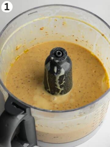 wet ingredients for date cake blended in a food processor.