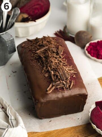 beetroot chocolate loaf cake coated in chocolate.