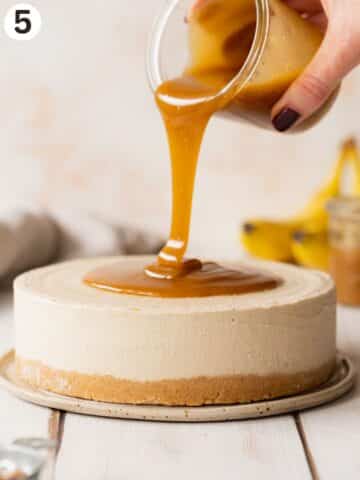 pouring caramel sauce on top of a no-bake banana cheesecake.