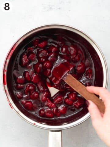 stirring cooked cherries into cherry sauce until the plump up.