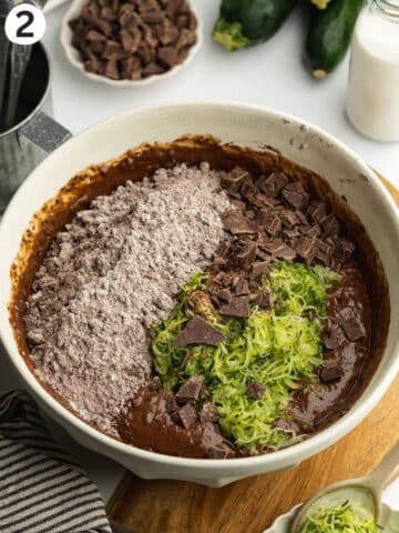 chocolate muffin batter in a large mixing bowl with grated zucchini and chocolate chunks on top before mixing.