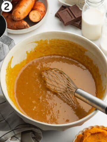 sweet potato puree, vegan buttermilk, olive oil, espresso, vanilla, and coconut sugar in a large ceramic bowl after whisking.