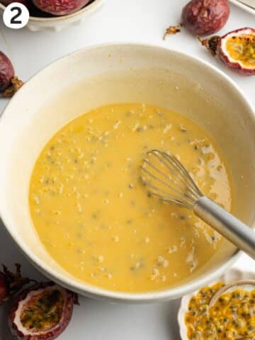 passion fruit cake wet ingredients mixed until smooth in a large ceramic bowl.