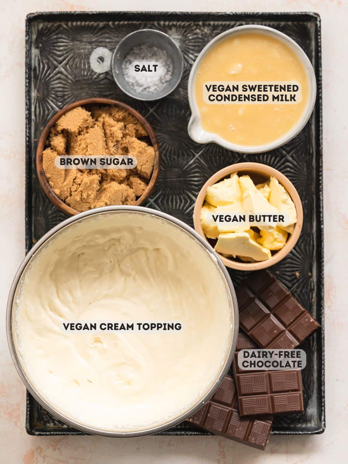 ingredients for banana cheesecake toppings measured out in bowls.