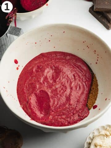 a large ceramic bowl with beetroot puree, vanilla, coconut sugar, yogurt, and espresso before being whisked.