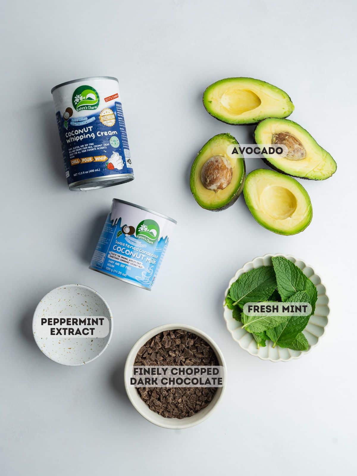 ingredients for vegan mint chocolate chip ice cream measured out in bowls on a gray surface.
