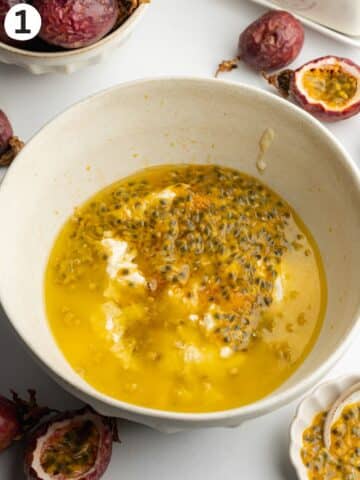 fresh passion fruit pulp, melted vegan butter, olive oil, and sugar in a arge mixing bowl.