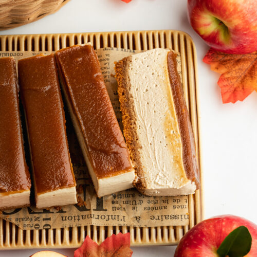 slices of apple butter cheesecake with apple butter topping.