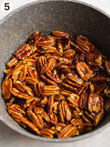 caramel pecan topping in a saucepan.