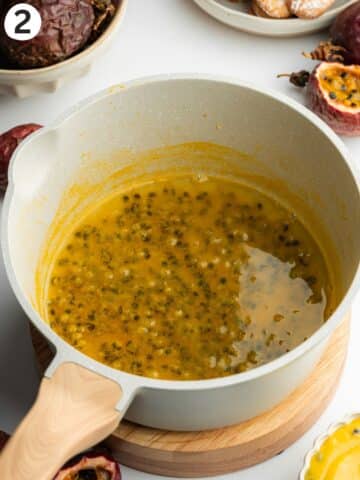 passion fruit syrup in a saucepan.