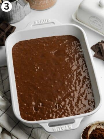 chocolate sheet cake in a pan before baking.