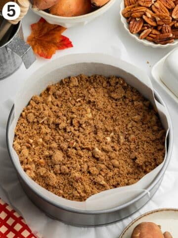 sweet potato cake with a pecan crumb filling before being topped with more cake batter.