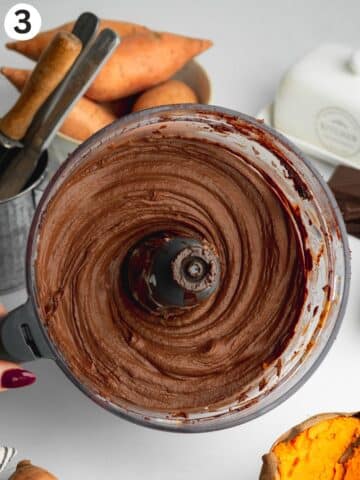 smooth chocolate sweet potato filling in a food processor jug.