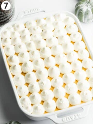 pumpkin tiramisu with piped dairy-free cream.