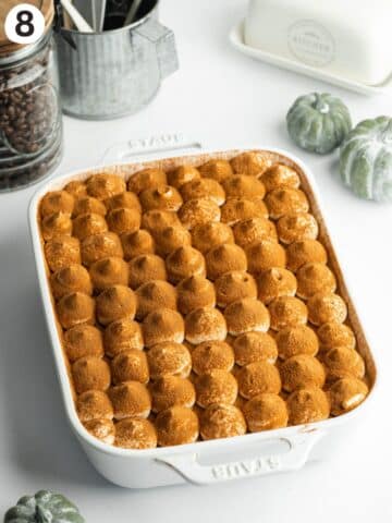 pumpkin tiramisu with a dusting of pumpkin pie spice mixture on top.