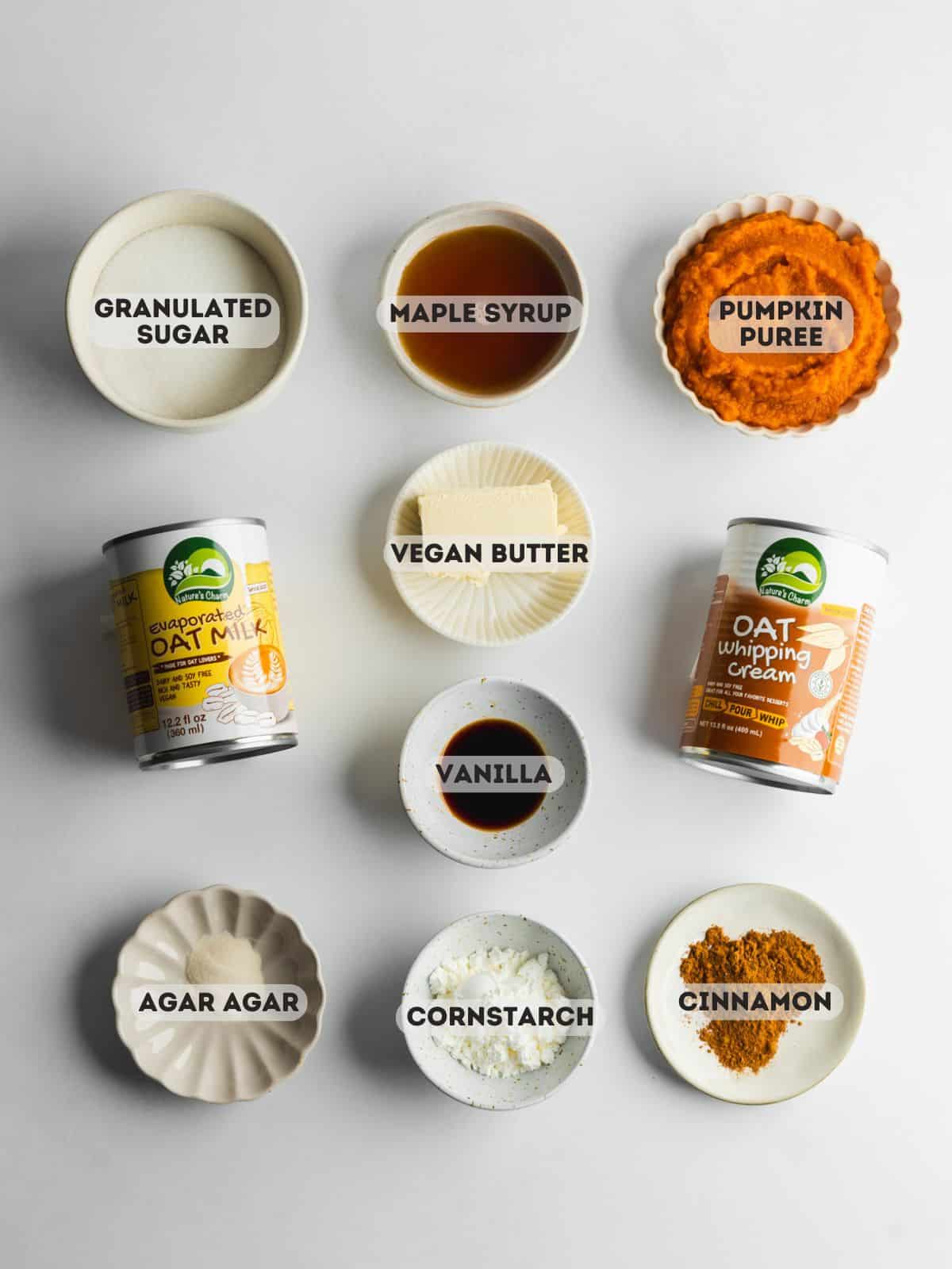 ingredients for pumpkin flan measured out in bowls.