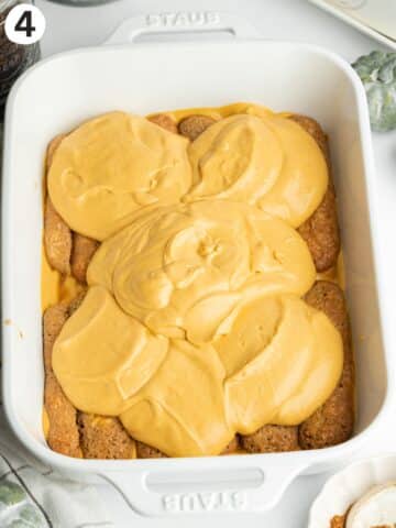 pumpkin mascarpone before being smoothed out on top of a layer of soaked ladyfingers.