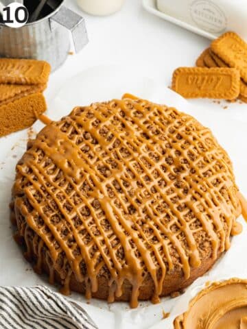 coffee cake with biscoff spread drizzled all over the top.