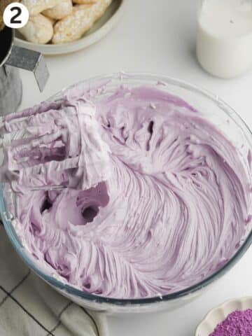 vegan whipped cream with ube in a bowl.
