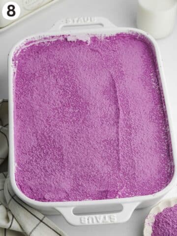 ube tiramisu dusted with purple ube powder.