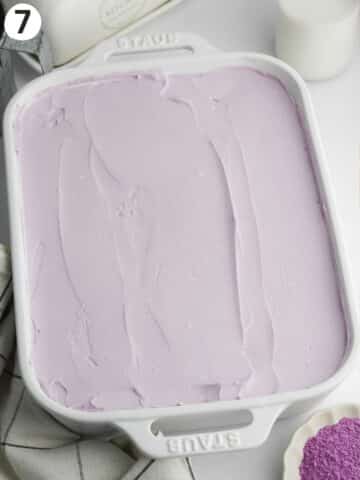 purple tiramisu in a staub tray.