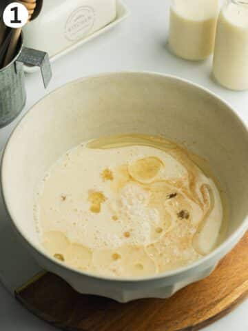 wet ingredients in a ceramic bowl.