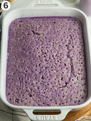 tres leches soaked in ube triple milk mixture.