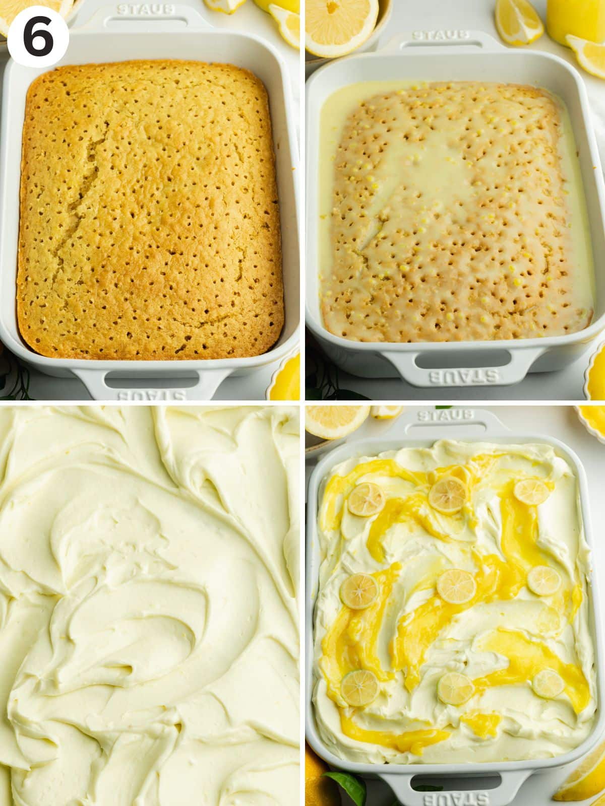 a grid showing the stages of adding topping and milk soak to lemon tres leches.