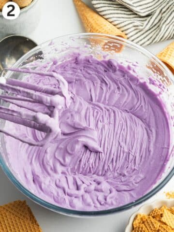 ube ice cream mixture whipped until thick and fluffy in a large mixing bowl.