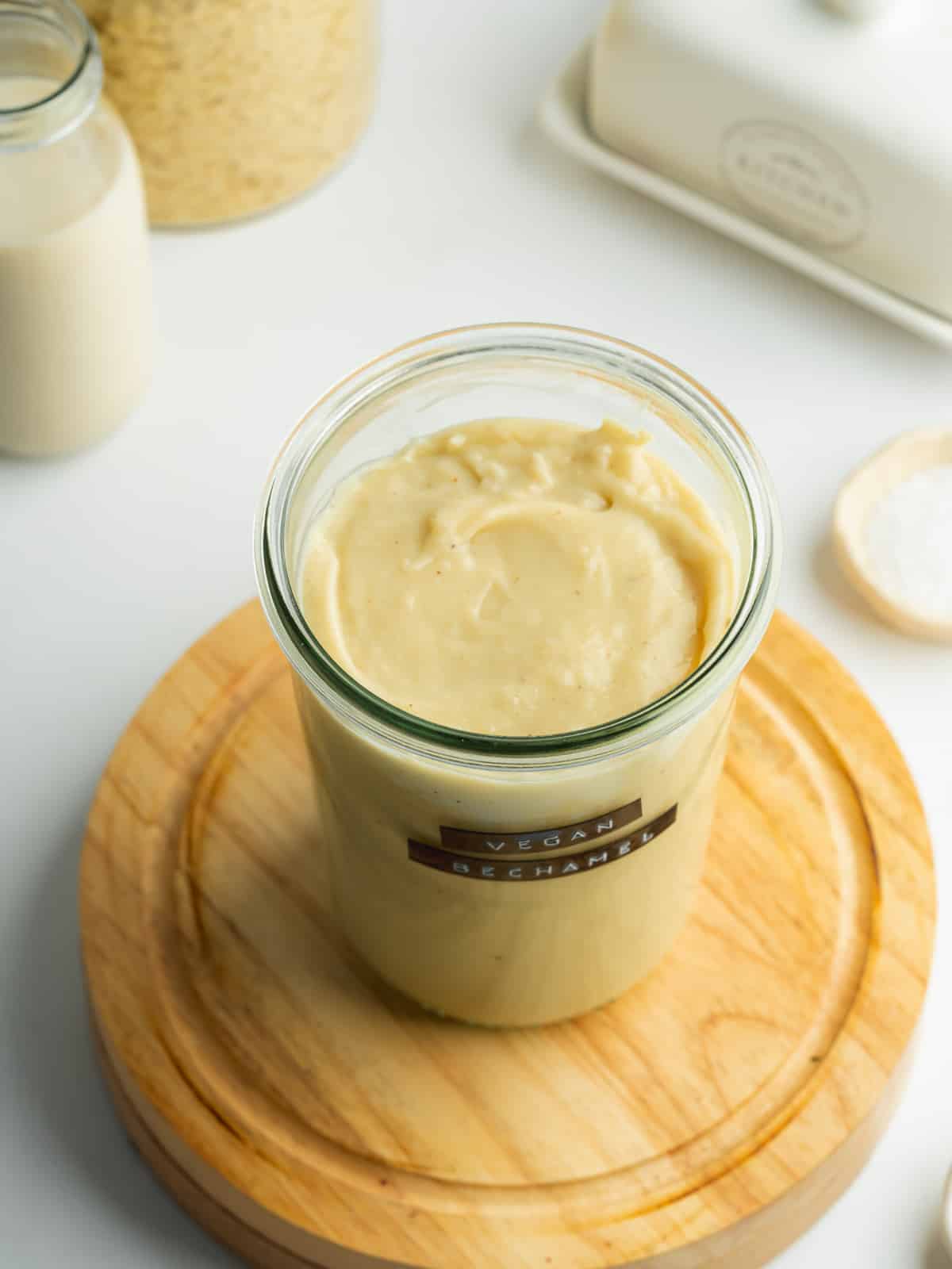 a jar of homemade vegan bechamel.