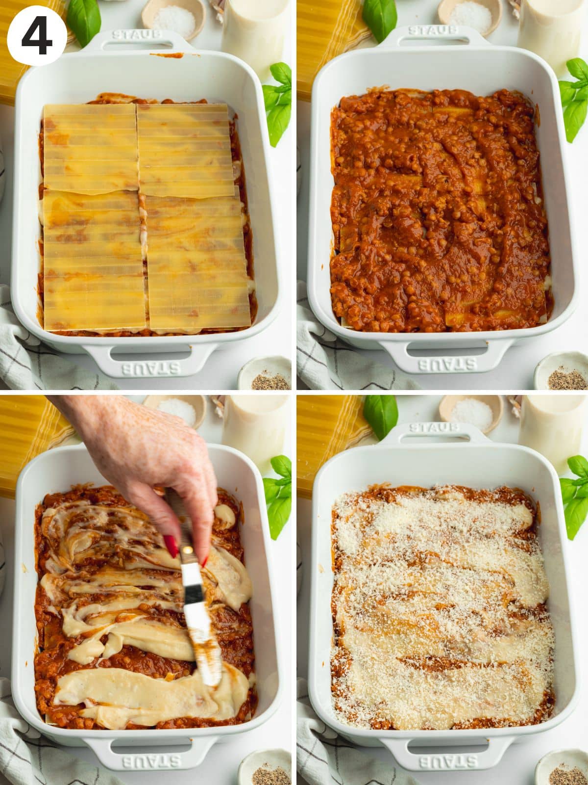 adding the second layer of components to a vegan lasagna.