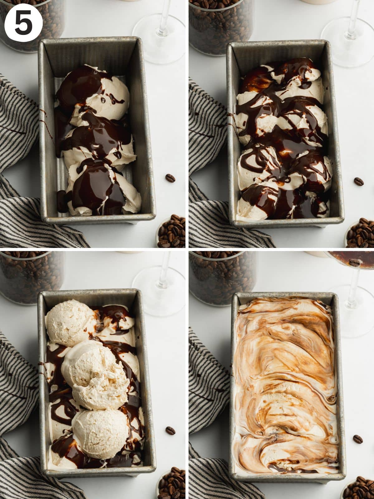 stages of layering coffee ice cream and espresso chocolate fudge sauce in a loaf pan.