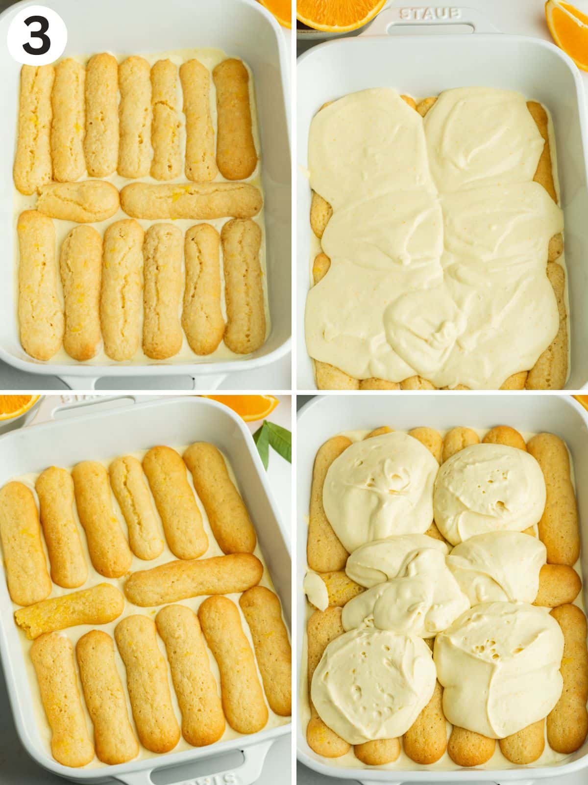 the stage of layering soaked ladyfingers and orange mascarpone in a white staub pan.