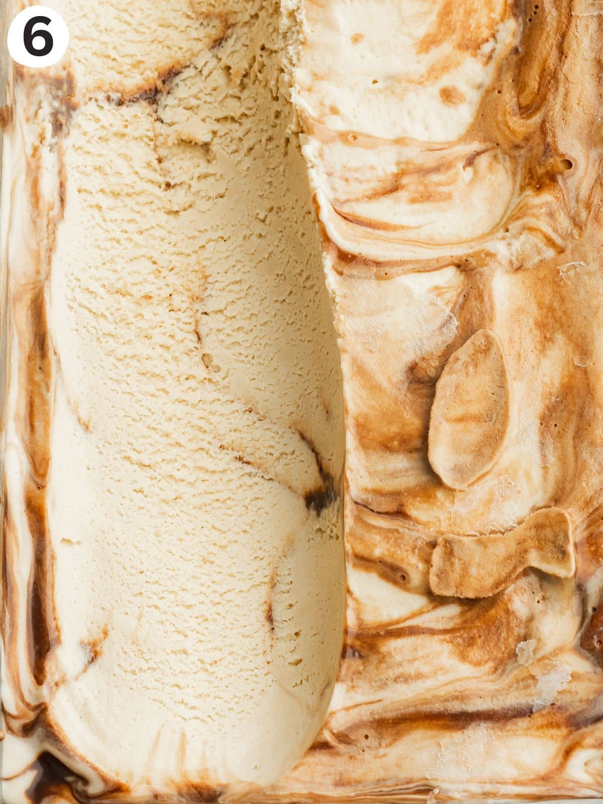 closeup of chocolate fudge swirled espresso martini ice cream.