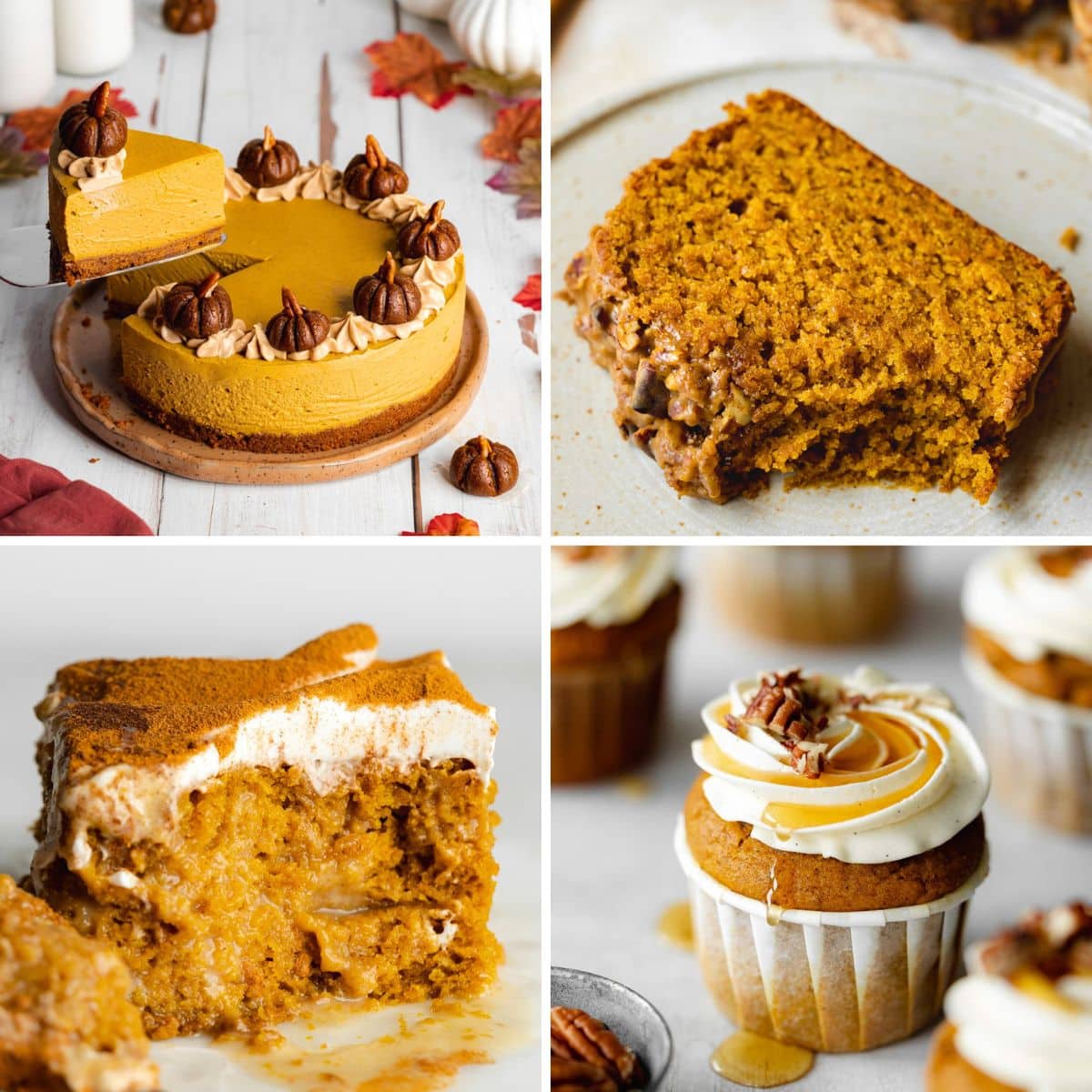 a collage of pumpkin desserts including bread, cheesecake, tres leches, and cupcakes.