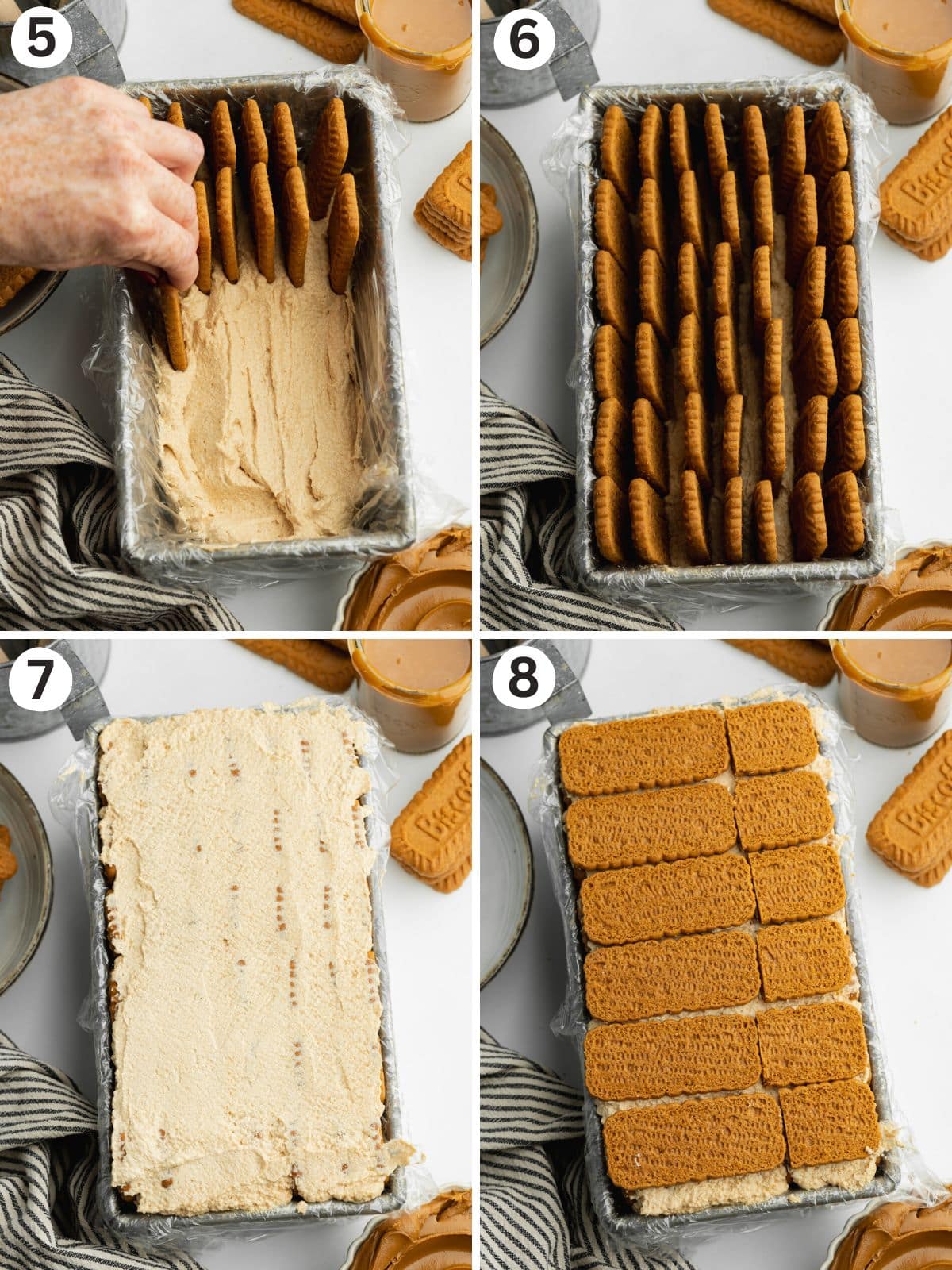 steps showing how to assemble an icebox cake using biscoff cookies.