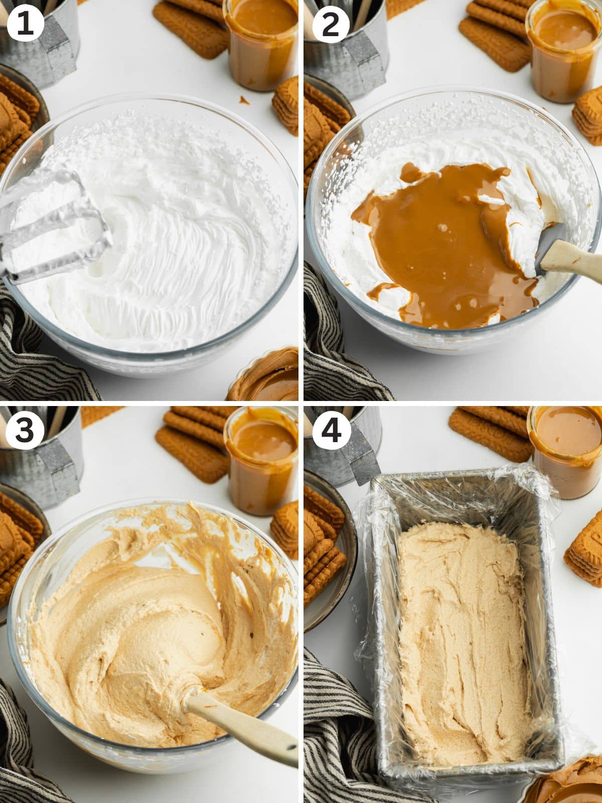 steps showing how to make the creamy biscoff filling for icebox cake.